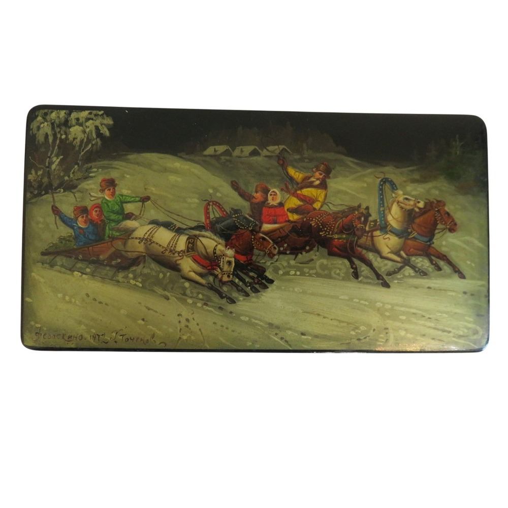 Vintage 1972 Fedoskino Russian Lacquer Box Hand Painted‎ Troika Scene USSR